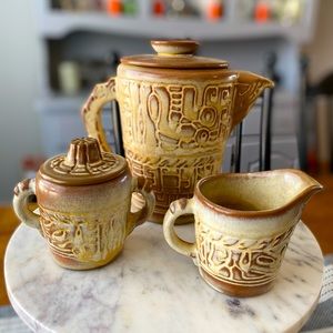 Frankoma Pottery Tea Pot• Creamer• Sugar in Mayan Aztec Pattern Vintage 4 Piece